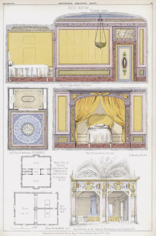 Soverom i Firenze, huset til den engelske konsulen i Agrigentum, og Casa Borromeo, Lago Maggiore, Italia (farge litho) av Vincent Brooks