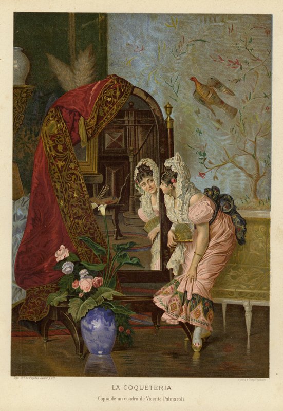 Coquetry (chromolitho) av Vincente Gonzalez Palmaroli