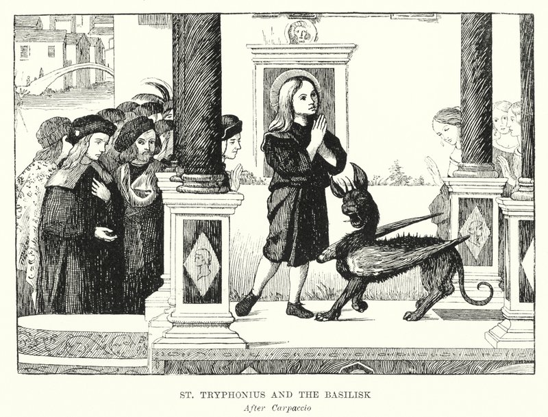 St Tryphonius og basilisken (gravering) av Vittore (after) Carpaccio