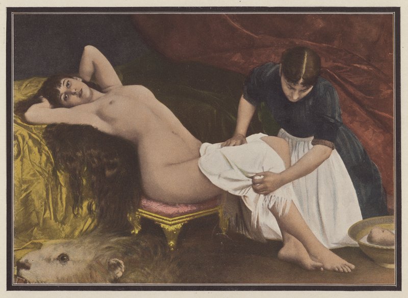 Kvinne som reiser seg fra sengen (farge litho) av Vlaho Bukovac
