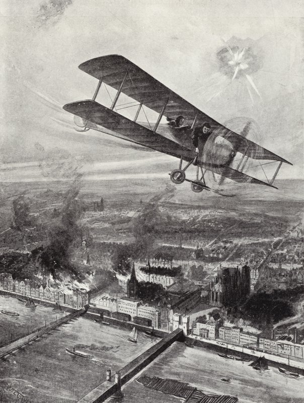 Skvadronleder Spenser Gray flyr over Köln, 8. oktober 1914 av W. Avis