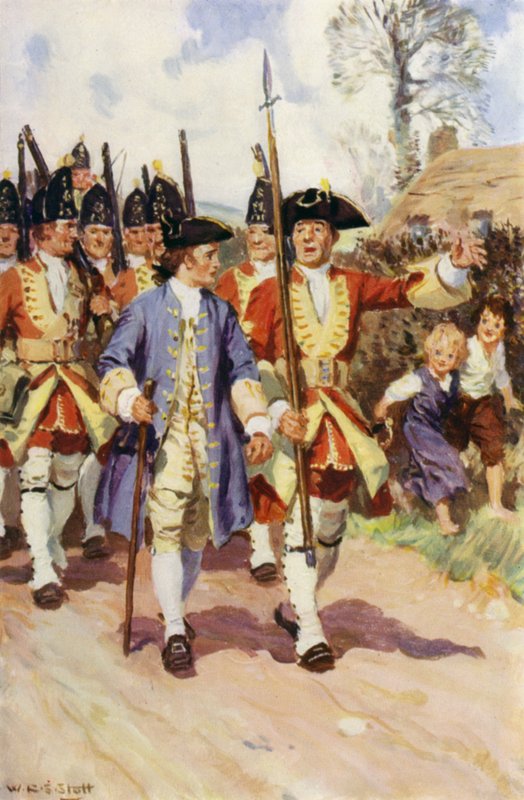 "Hele den dagen marsjerte sersjanten og den unge soldaten sammen" (farge litho) av W.R.S. (after) Stott