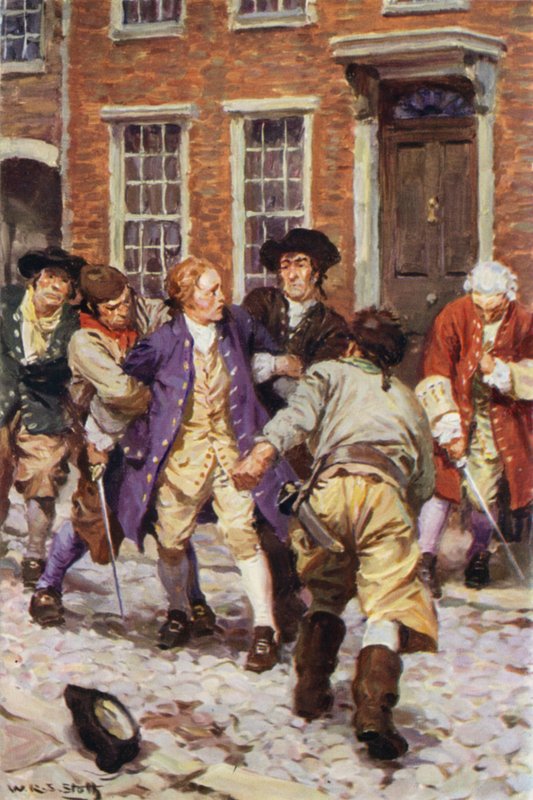 "I dette øyeblikket stormet en rekke karer inn og grep Jones" (farge litho) av W.R.S. (after) Stott