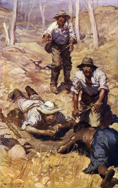 Kaptein Gray og hans parti finner vann (farge litho) av W.R.S. (after) Stott