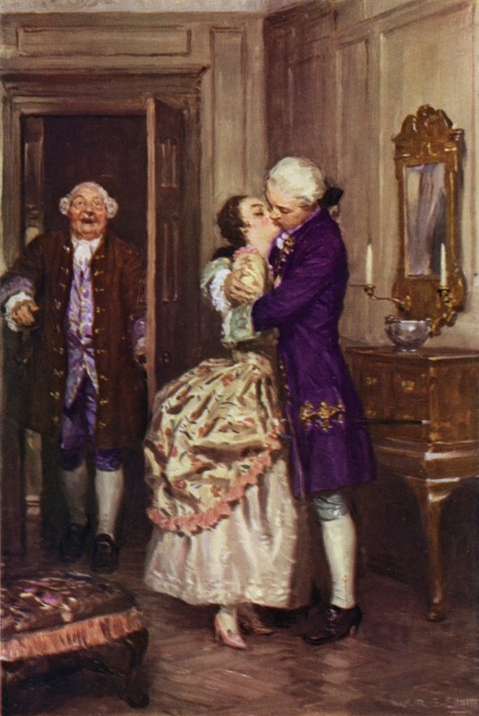 "Han fanget henne deretter i armene og kysset henne" (farge litho) av W.R.S. (after) Stott