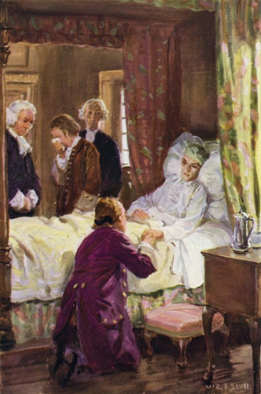 "Jones kastet seg for velgjørerens føtter" (farge litho) av W.R.S. (after) Stott