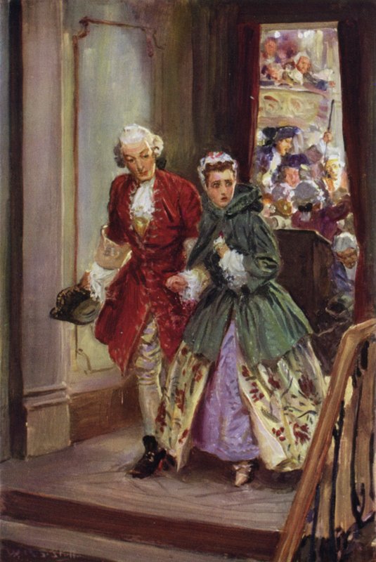 "Hun satte seg selv under beskyttelse av en ung adelsmann" (farge litho) av W.R.S. (after) Stott