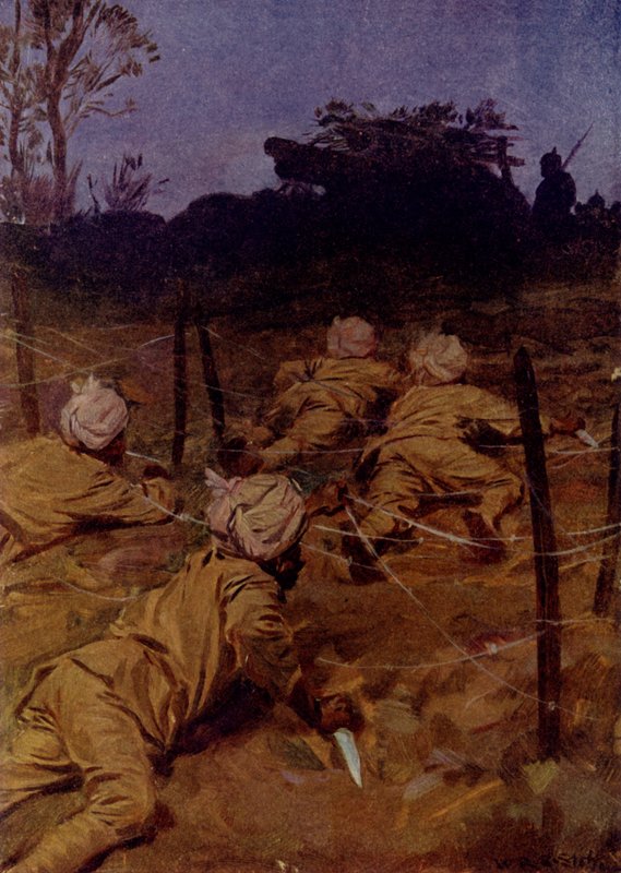 De indiske soldatene krøp frem like stille som katter (farge litho) av W.R.S. (after) Stott