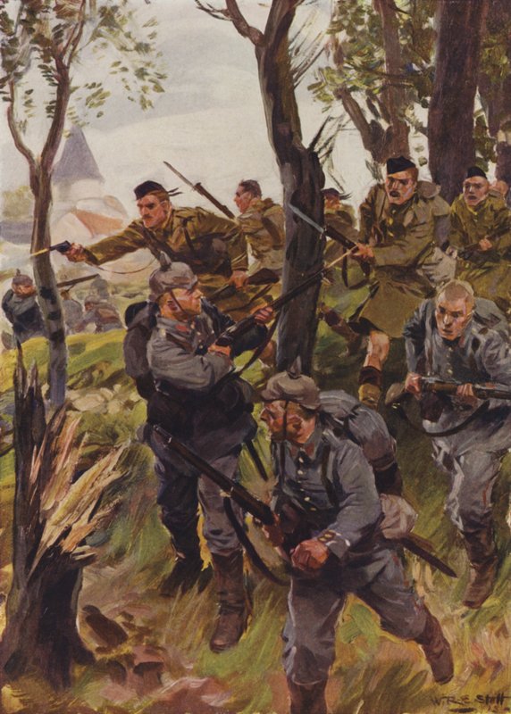 Seaforth Highlanders styrter fienden (farge litho) av W.R.S. (after) Stott