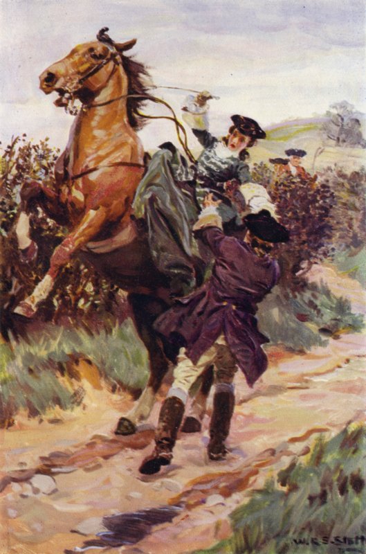 "Det uregjerlige beistet kastet sin vakre byrde fra ryggen hans, og Jones fanget henne i armene" (farge litho) av W.R.S. (after) Stott