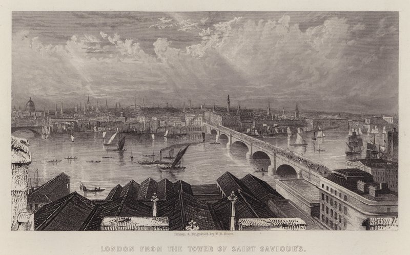 London fra Tower of Saint Saviour's (farge litho) av W. B. (after) Scott