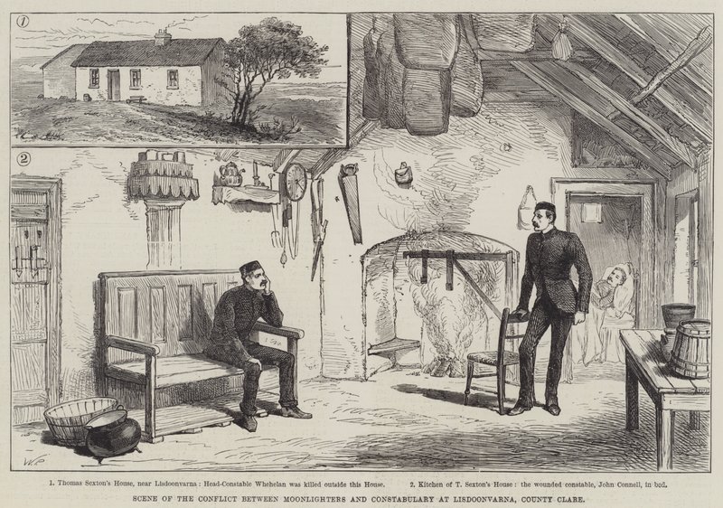 Scene for konflikten mellom Moonlighters og Constabulary i Lisdoonvarna, County Clare av Walter Paget