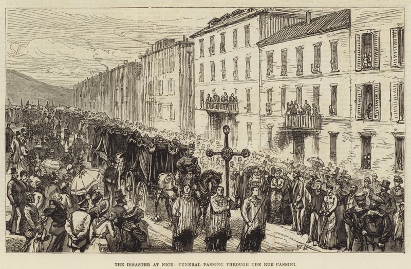 Katastrofen i Nice, begravelse som går gjennom Rue Cassini av Walter Paget