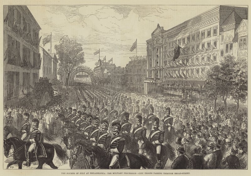 Den fjerde juli i Philadelphia, den militære prosesjonen, bytropper som passerer gjennom Broad-Street av Walter Paget