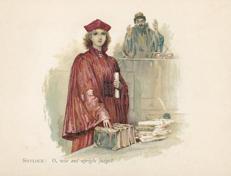 Portia og Shylock i The Merchant of Venice (chromolitho) av Walter Stanley Paget