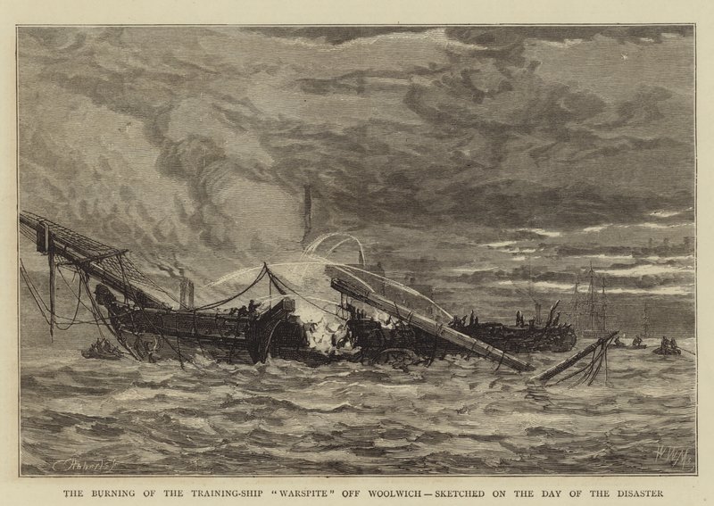 The Burning of the Training-Ship Warspite utenfor Woolwich, skissert på katastrofedagen av Walter William May