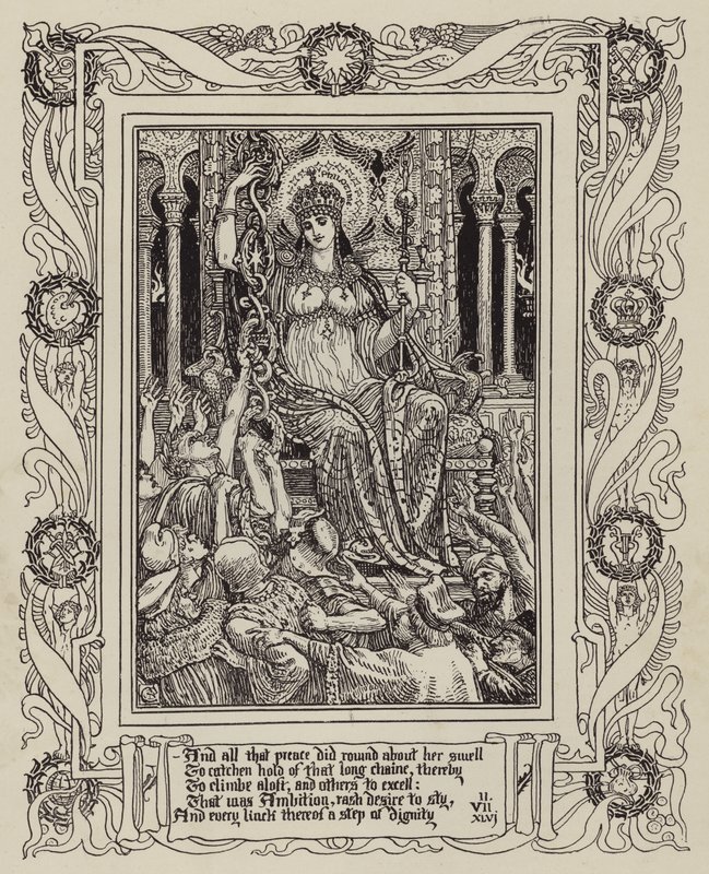 Side fra ny illustrert utgave av Spenser's Faerie Queene (s/hv foto) av Walter (after) Crane