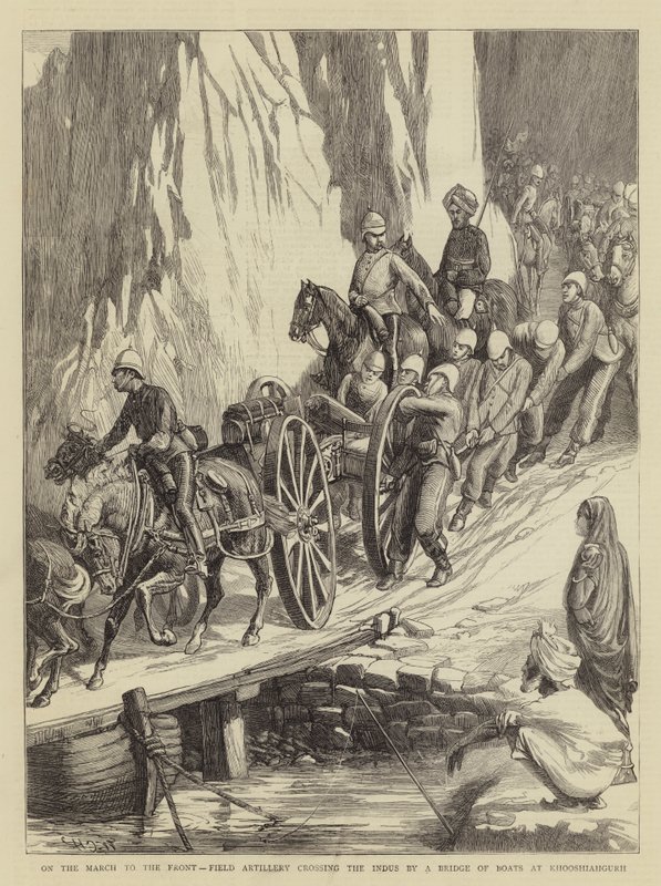 På mars til fronten krysser feltartilleri Indus ved en bro av båter ved Khooshiahgurh av Walter Charles Horsley