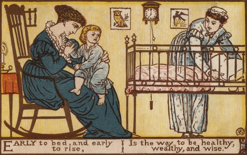 Tidlig i seng og tidlig å stige (farge litho) av Walter Crane