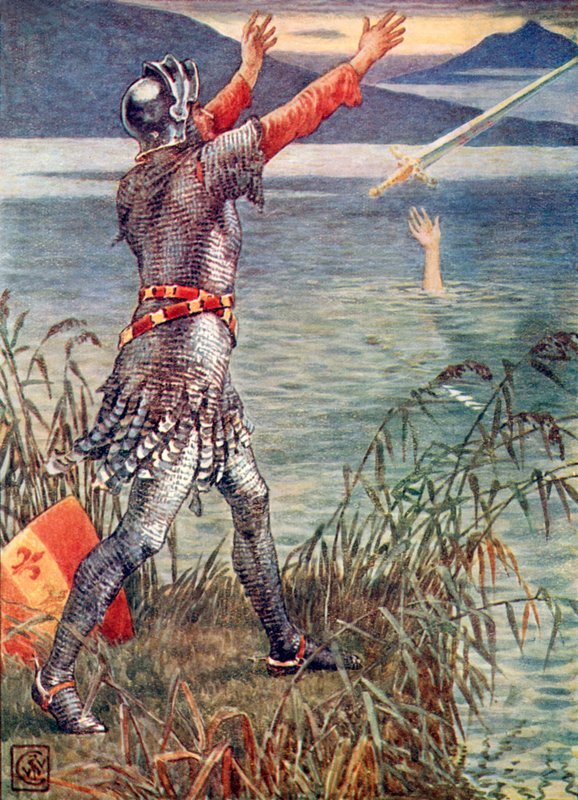 Sir Bedevere kaster sverdet Excalibur i innsjøen av Walter Crane