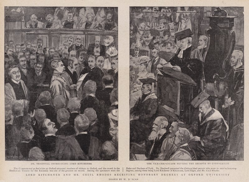 Lord Kitchener og Mr. Cecil Rhodes mottar æresgrader ved Oxford University av Walter Duncan