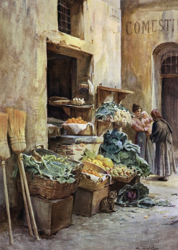 Grønnsaksbutikk, italienske rivieraen (farge litho) av Walter Frederick Roofe Tyndale