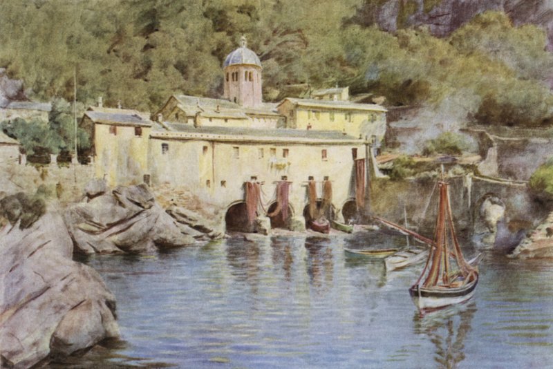 S Fruttuoso, Portofino, Italia (farge litho) av Walter Frederick Roofe Tyndale
