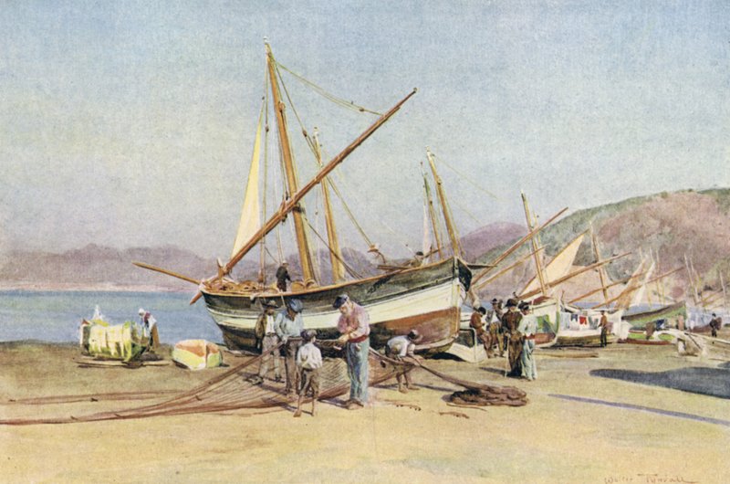 Strand, Sestri Levante (farge litho) av Walter Frederick Roofe Tyndale