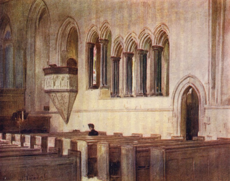 The New Forest: Beaulieu Church, tidligere refektoriet til Beaulieu Abbey (farge litho) av Walter Frederick Roofe Tyndale