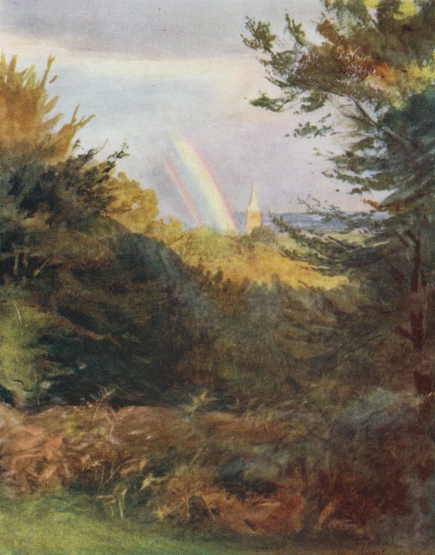 The New Forest: Lyndhurst Church fra Emery Down (farge litho) av Walter Frederick Roofe Tyndale