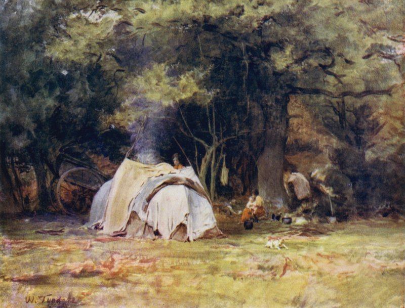 The New Forest: The Gipsy Camp nær Kennelene mellom Lyndhurst og Minstead (farge litho) av Walter Frederick Roofe Tyndale