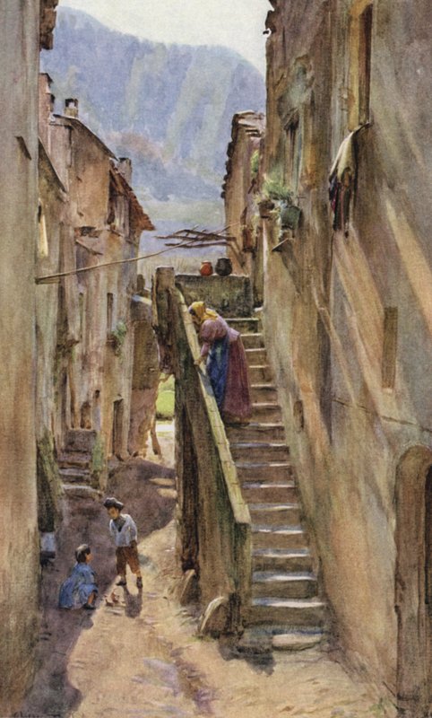 Vicolo del Ponte, Villa Nuova Di Albenga, Italia (farge litho) av Walter Frederick Roofe Tyndale