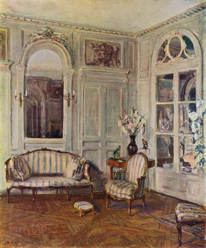 White Salon i St Brice, Frankrike, huset til Edith Wharton, Louis XVI-stil, ca 1760-70 (farge litho) av Walter Gay