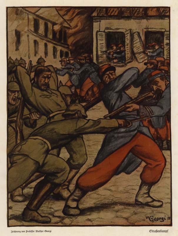 Gatekamp mellom tyske og franske soldater, første verdenskrig (farge litho) av Walter Georgi
