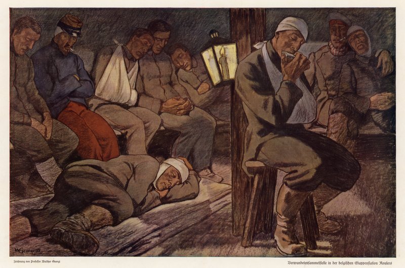 Sårede soldater ved havariryddingsstasjonen i Roulers, Belgia, første verdenskrig (farge litho) av Walter Georgi