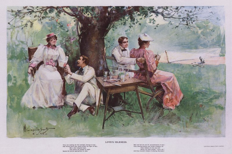 Kjærlighetens lediggang: to par slapper av i skyggen under et tre i en hage (farge litho) av Walter Granville Smith