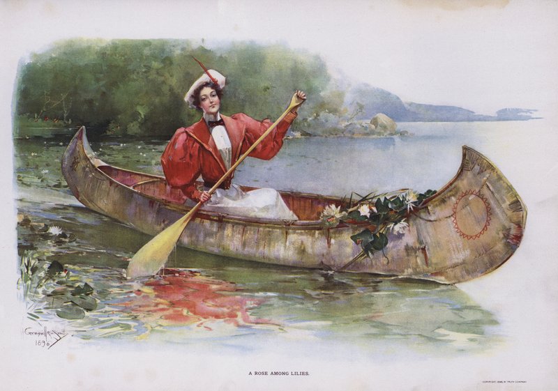 En rose blant liljer: kvinne som samler vannliljer fra en kano (farge litho) av Walter Granville Smith