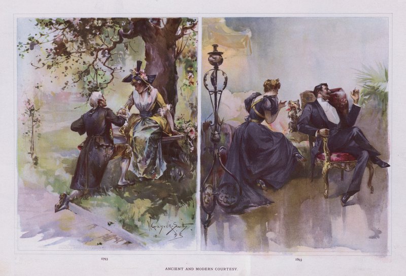 Gammel og moderne høflighet (farge litho) av Walter Granville Smith