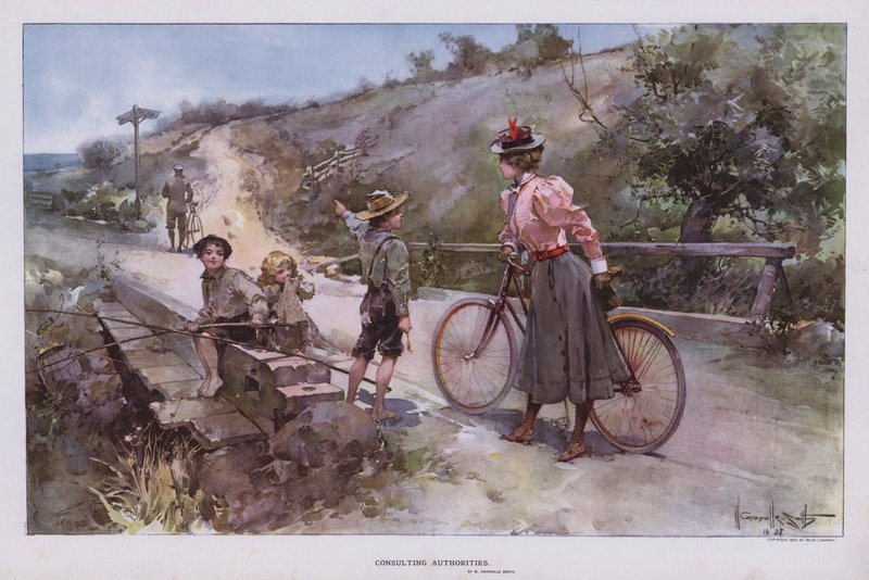 Rådgivende myndigheter: kvinne ute på sykkeltur og spør en gruppe barn om veibeskrivelse (farge litho) av Walter Granville Smith