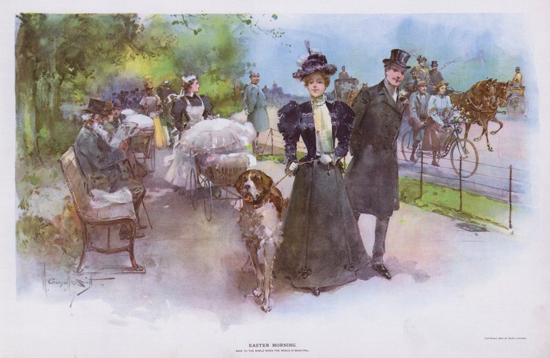 Påskemorgen: kvinne promenerer med kjæledyrhunden sin (farge litho) av Walter Granville Smith