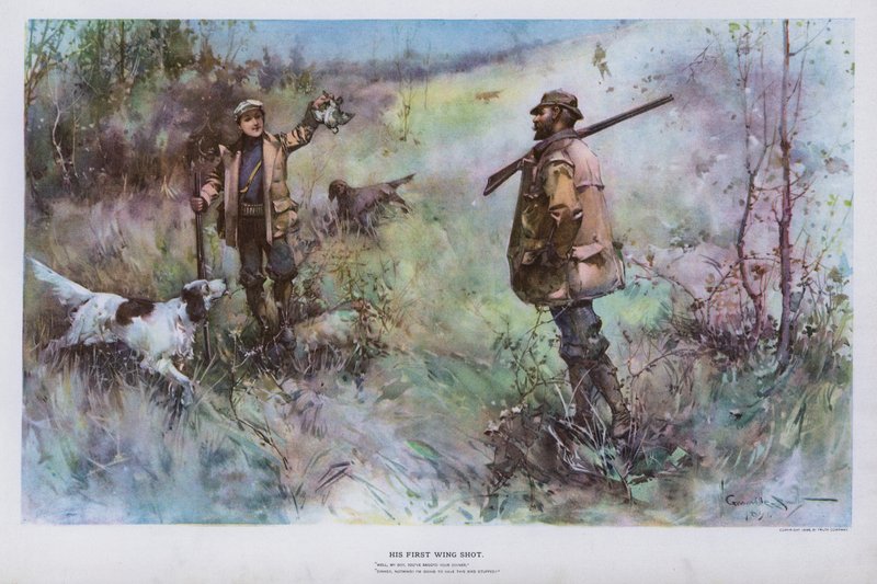 Hans første vingeskudd: jaktscene (litho-farge) av Walter Granville Smith