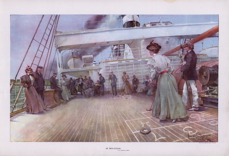In Mid-Ocean: passasjerer nyter et slag shuffleboard om bord på et skip (farge litho) av Walter Granville Smith