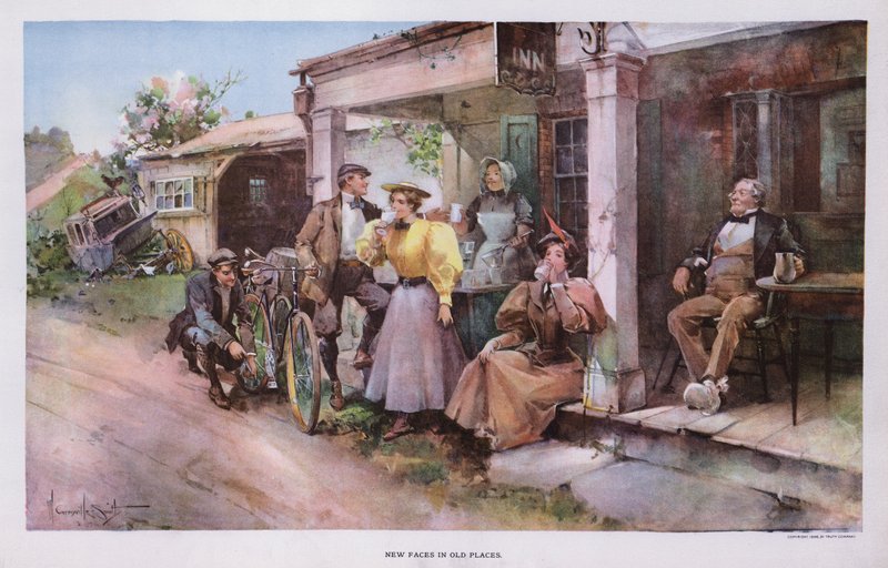 Nye ansikter på gamle steder: en gruppe syklister som tar forfriskninger på et vertshus ved veikanten (farge litho) av Walter Granville Smith