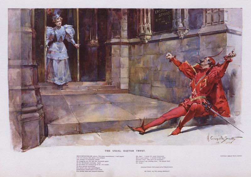 The Usual Easter Tryst: Mephistopheles venter på at en jente skal forlate en kirke (farge litho) av Walter Granville Smith