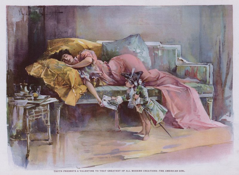 Sannheten presenterer en Valentine til den største av alle moderne kreasjoner - den amerikanske jenta (farge litho) av Walter Granville Smith