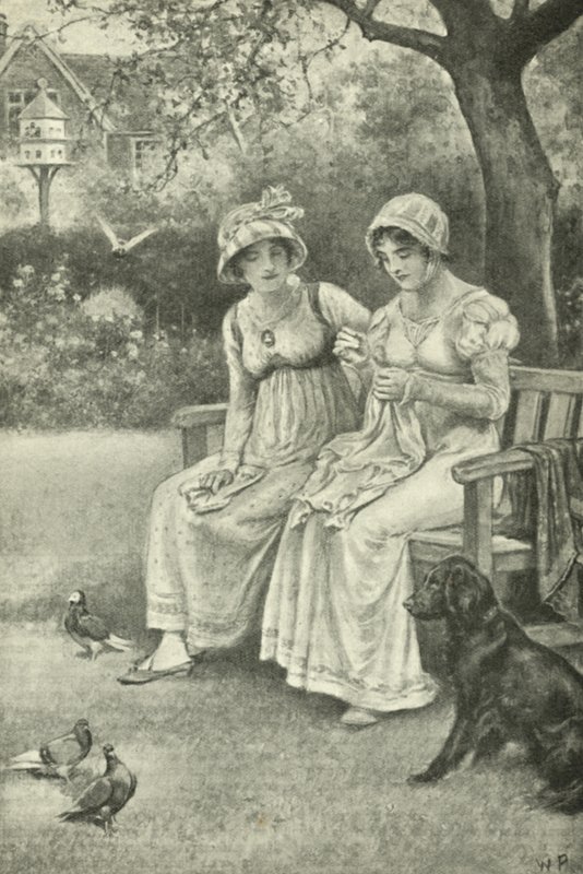 Jane Austen, sy, med søsteren Cassandra i prestegården (litho) av Walter Paget