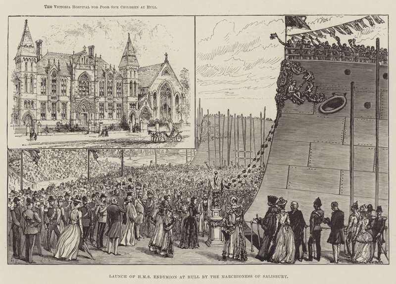 Lansering av HMS Endymion på Hull av Marchioness of Salisbury av Walter Paget