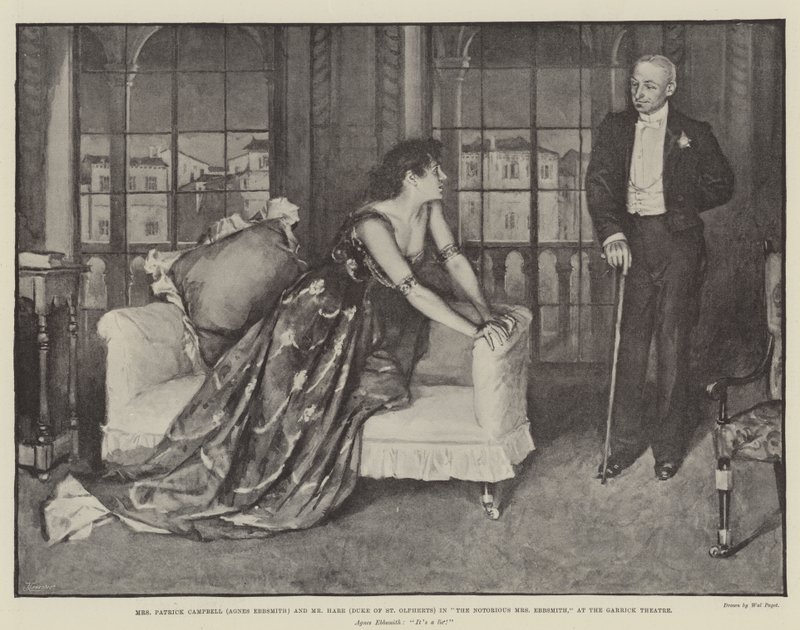 Mrs Patrick Campbell (Agnes Ebbsmith) og Mr Hare (Duke of St Olpherts) i The Notorious Mrs Ebbsmith, på Garrick Theatre av Walter Paget