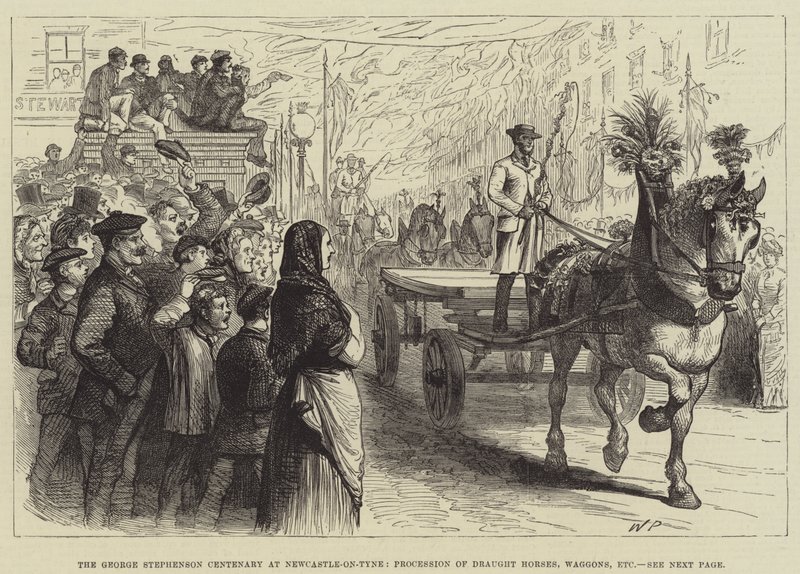George Stephenson hundreårsjubileum i Newcastle-on-Tyne, prosesjon av trekkhester, vogner, etc. av Walter Paget