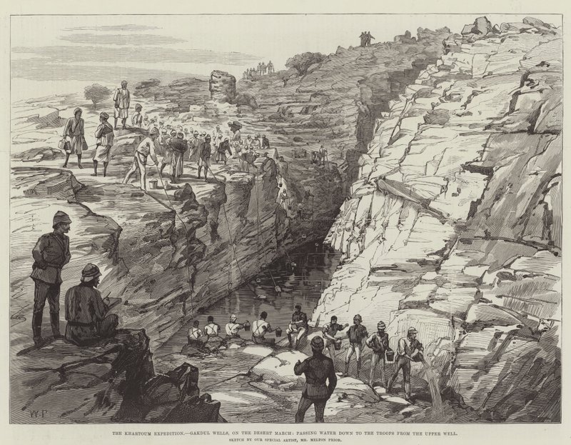 Khartoum-ekspedisjonen, Gakdul Wells, på ørkenmarsjen, og passerer vann ned til troppene fra den øvre brønnen av Walter Paget